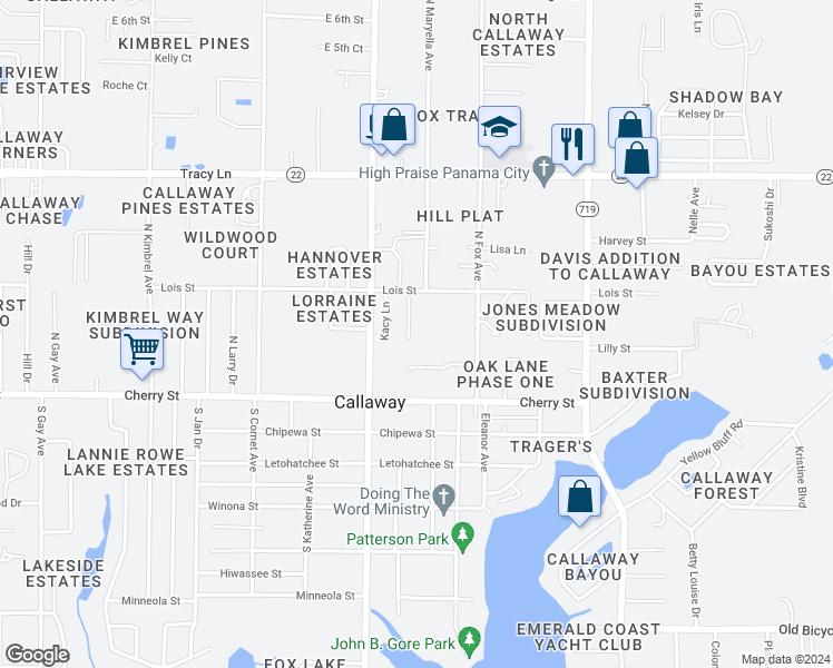 map of restaurants, bars, coffee shops, grocery stores, and more near 129 Christie Lane in Panama City