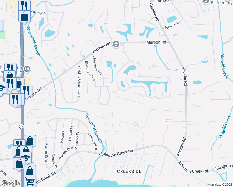 map of restaurants, bars, coffee shops, grocery stores, and more near 12171 Travertine Trail in Jacksonville