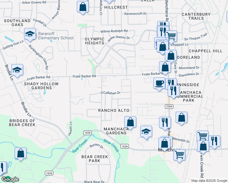map of restaurants, bars, coffee shops, grocery stores, and more near 1808 McClannahan Drive in Austin