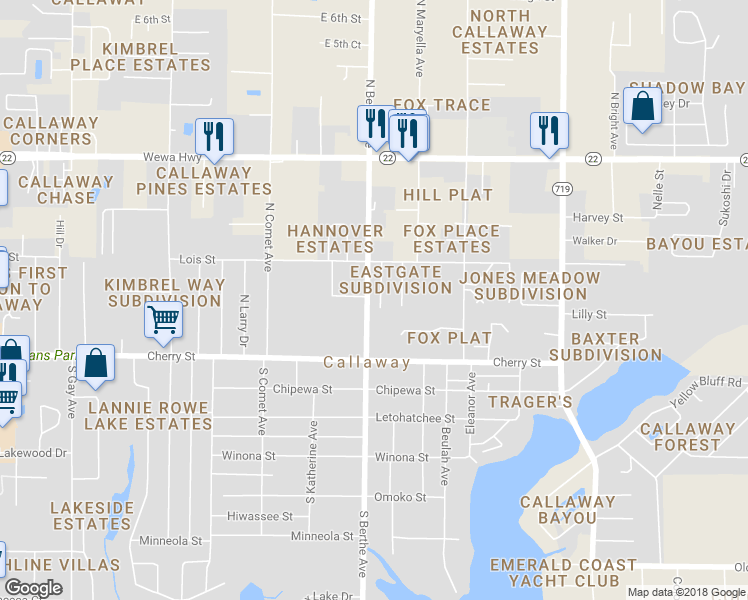 map of restaurants, bars, coffee shops, grocery stores, and more near 126 Kacy Lane in Panama City