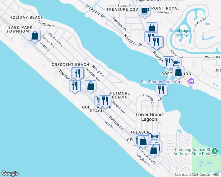 map of restaurants, bars, coffee shops, grocery stores, and more near 5605 Pinetree Avenue in Panama City Beach