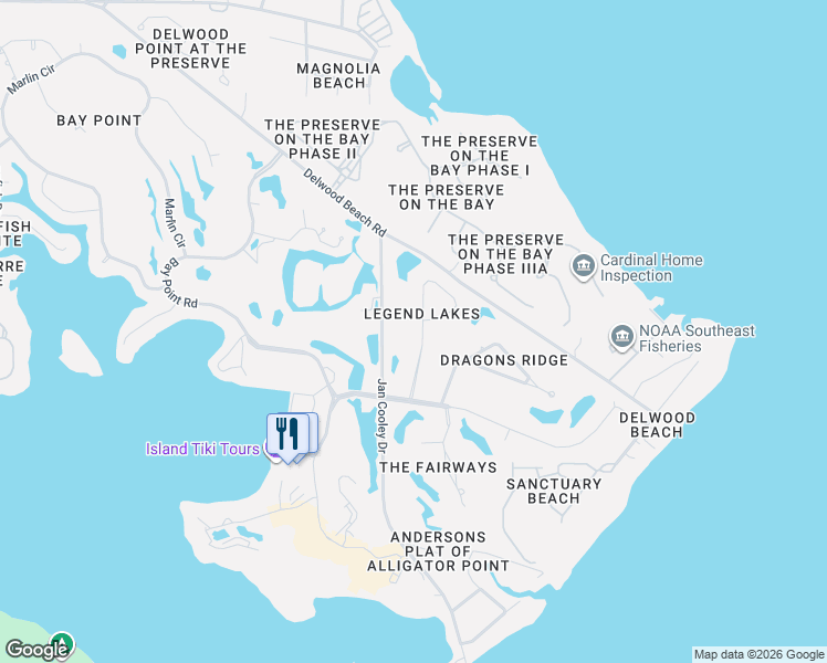 map of restaurants, bars, coffee shops, grocery stores, and more near 112 Legend Lakes Drive in Panama City Beach