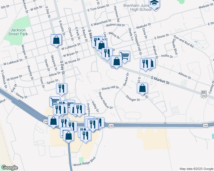 map of restaurants, bars, coffee shops, grocery stores, and more near 346 Stone Hill Drive in Brenham