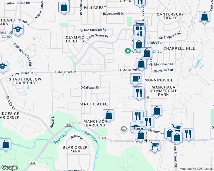 map of restaurants, bars, coffee shops, grocery stores, and more near 1704 O'Callahan Drive in Austin
