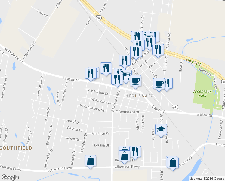 map of restaurants, bars, coffee shops, grocery stores, and more near 105 S St Pierre St in Broussard