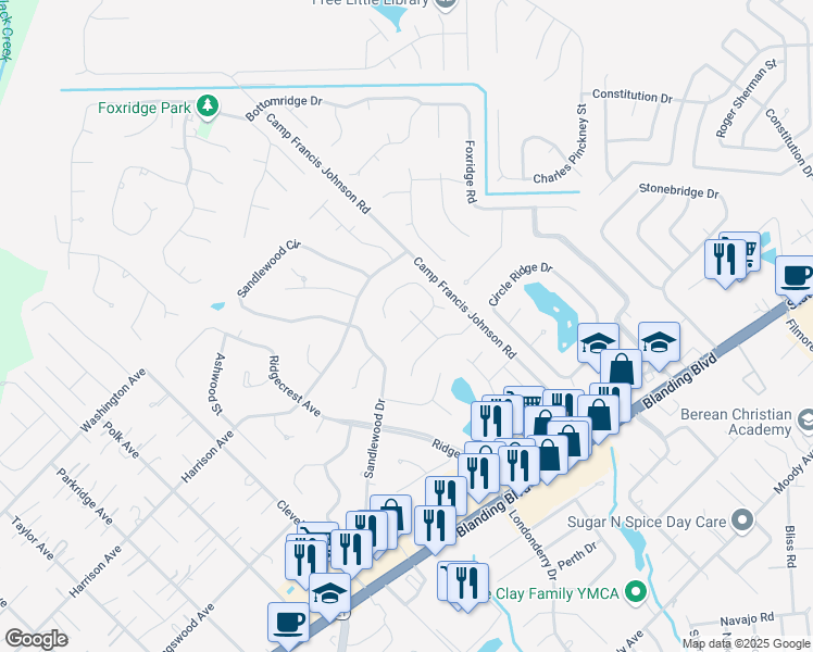 map of restaurants, bars, coffee shops, grocery stores, and more near 816 Hardwood Street in Orange Park