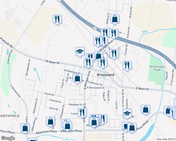 map of restaurants, bars, coffee shops, grocery stores, and more near 101 West Main Street in Broussard