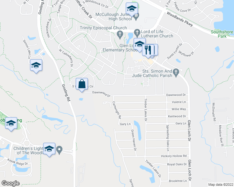 map of restaurants, bars, coffee shops, grocery stores, and more near 3630 Dawnwood Drive in Spring