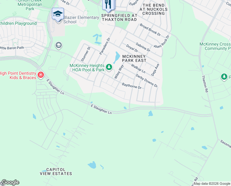 map of restaurants, bars, coffee shops, grocery stores, and more near 6800 Sunderland Trail in Austin