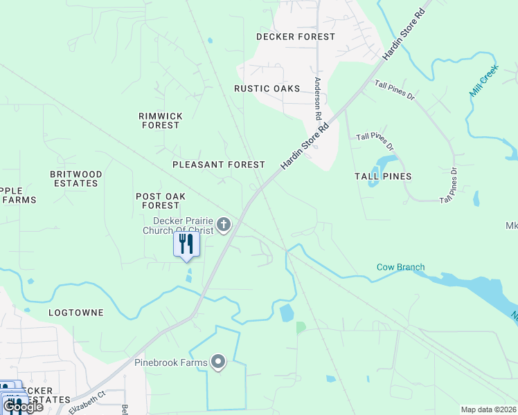 map of restaurants, bars, coffee shops, grocery stores, and more near 26032-26082 Hardin Store Road in Magnolia