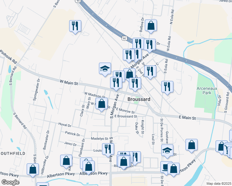 map of restaurants, bars, coffee shops, grocery stores, and more near 101 West Main Street in Broussard
