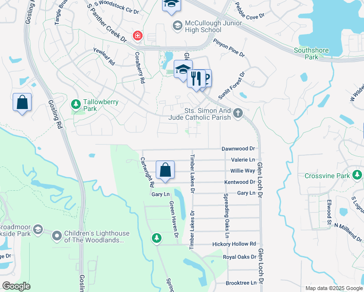 map of restaurants, bars, coffee shops, grocery stores, and more near 63 Summer Crest Circle in The Woodlands