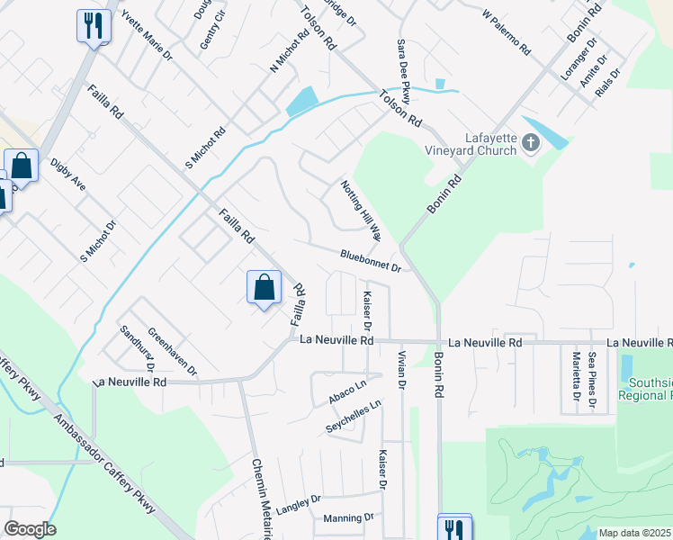 map of restaurants, bars, coffee shops, grocery stores, and more near 319 Bluebonnet Drive in Lafayette