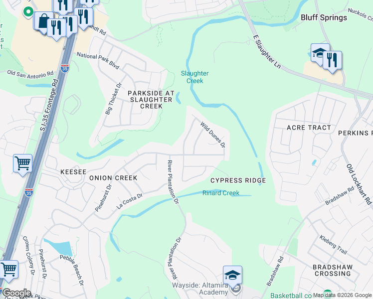 map of restaurants, bars, coffee shops, grocery stores, and more near 10203 Shinnecock Hills Drive in Austin