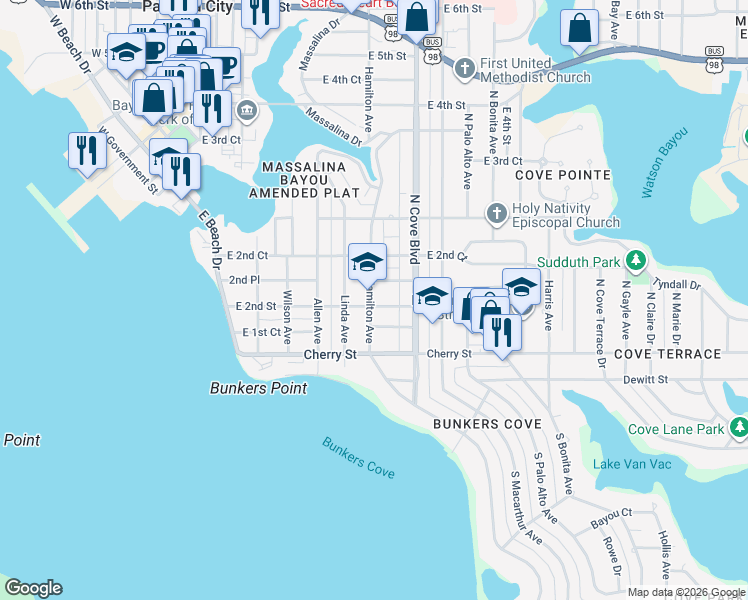 map of restaurants, bars, coffee shops, grocery stores, and more near 610 East 2nd Place in Panama City