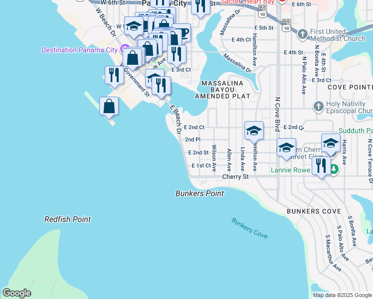 map of restaurants, bars, coffee shops, grocery stores, and more near 501 East Beach Drive in Panama City