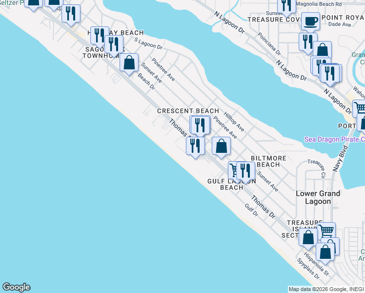 map of restaurants, bars, coffee shops, grocery stores, and more near 5919 Thomas Drive in Panama City