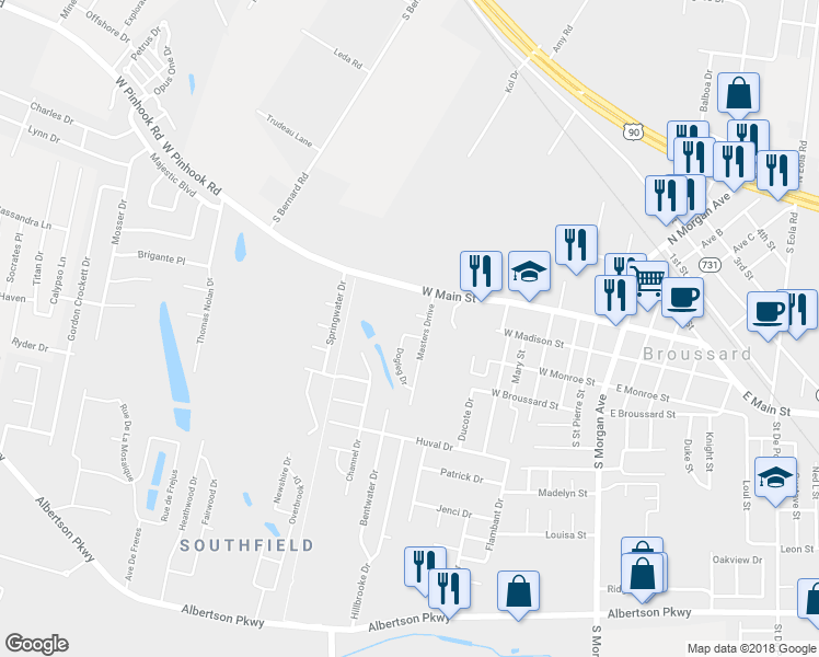 map of restaurants, bars, coffee shops, grocery stores, and more near 105 Wedge Drive in Broussard