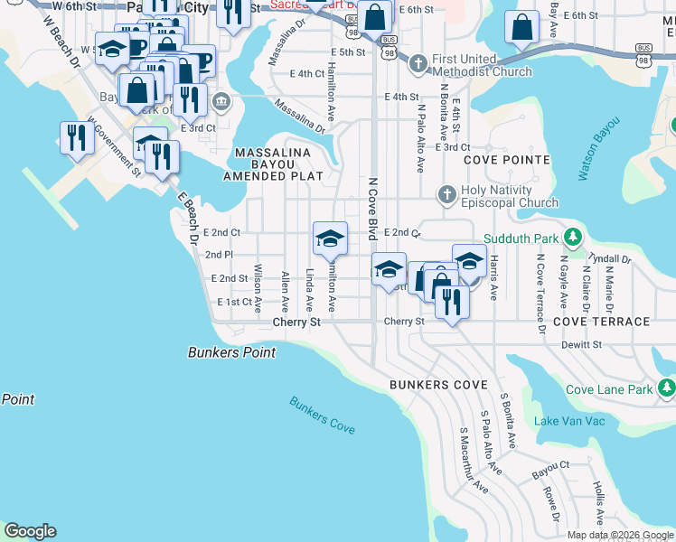 map of restaurants, bars, coffee shops, grocery stores, and more near 610 East 2nd Place in Panama City