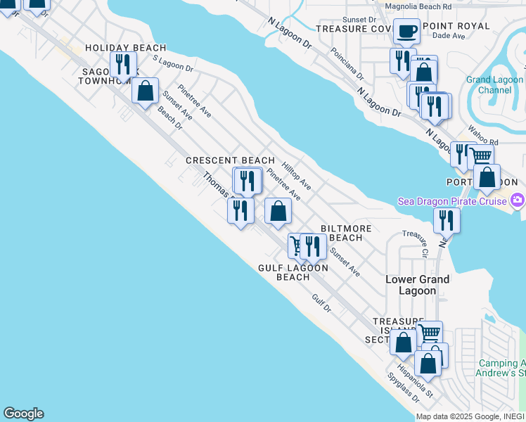 map of restaurants, bars, coffee shops, grocery stores, and more near 5813 Sunset Avenue in Panama City