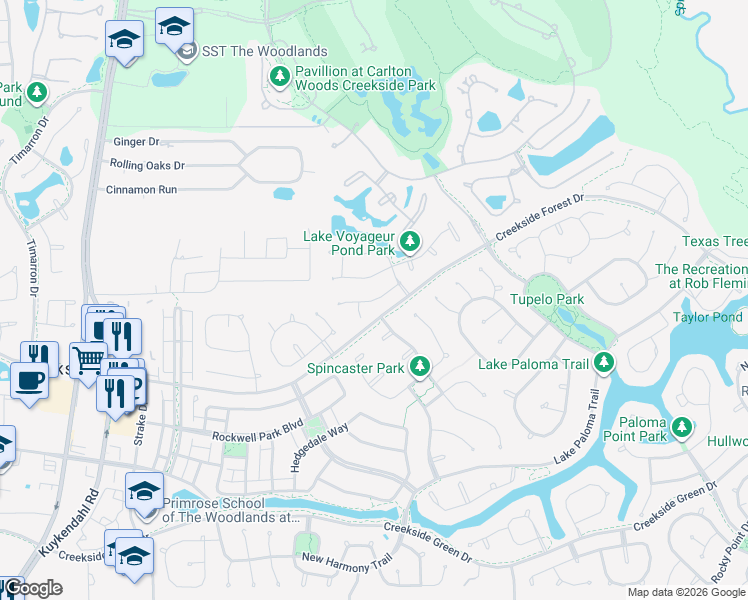 map of restaurants, bars, coffee shops, grocery stores, and more near Brakendale Place in Spring