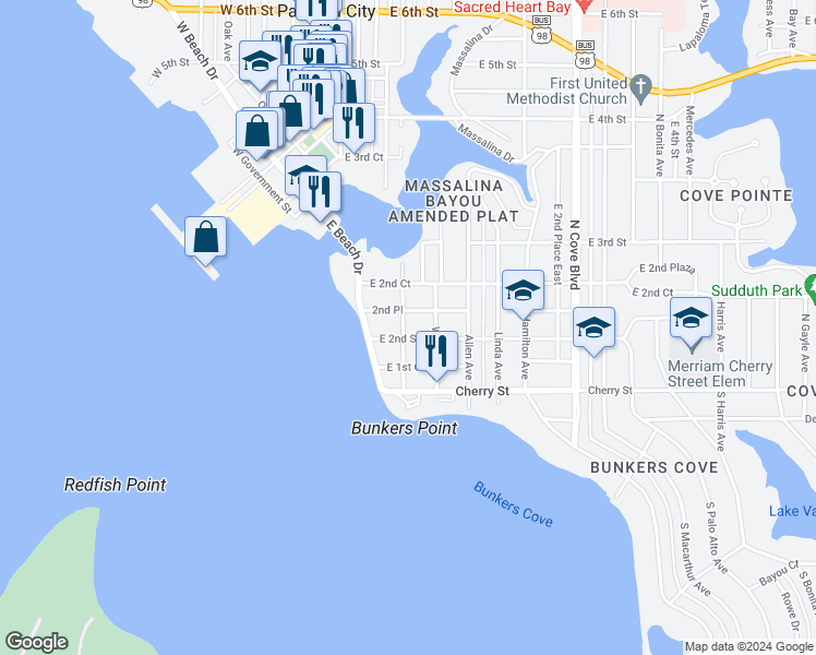 map of restaurants, bars, coffee shops, grocery stores, and more near 204 Harmon Avenue in Panama City