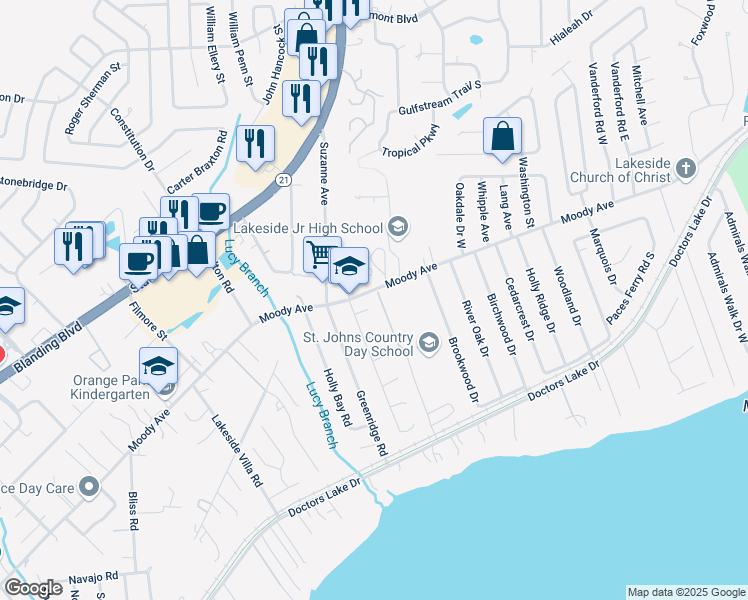map of restaurants, bars, coffee shops, grocery stores, and more near 2265 Yellow Pine Court in Orange Park