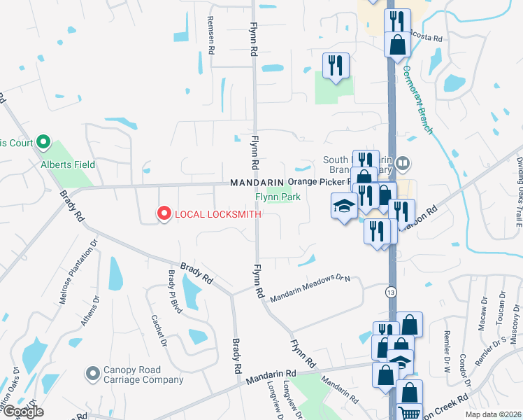 map of restaurants, bars, coffee shops, grocery stores, and more near 12235 Flynn Woods Road in Jacksonville
