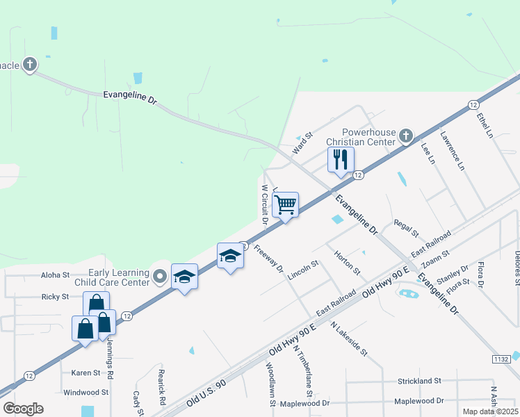 map of restaurants, bars, coffee shops, grocery stores, and more near 1115 West Circuit Drive in Vidor