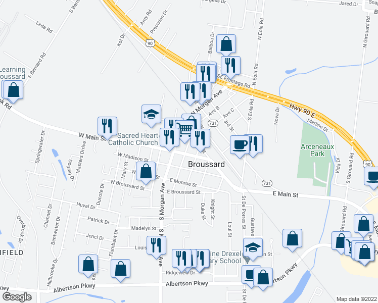 map of restaurants, bars, coffee shops, grocery stores, and more near 203 East Main Street in Broussard