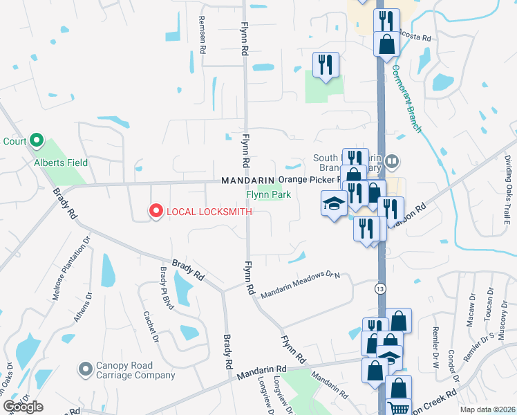 map of restaurants, bars, coffee shops, grocery stores, and more near 12235 Flynn Woods Road in Jacksonville