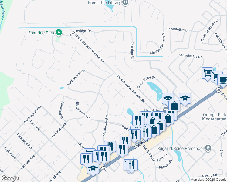 map of restaurants, bars, coffee shops, grocery stores, and more near 2409 Balsamwood Court in Orange Park