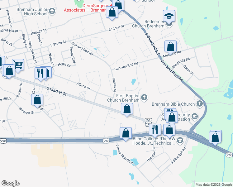 map of restaurants, bars, coffee shops, grocery stores, and more near 2434 Oak Hollow Lane in Brenham