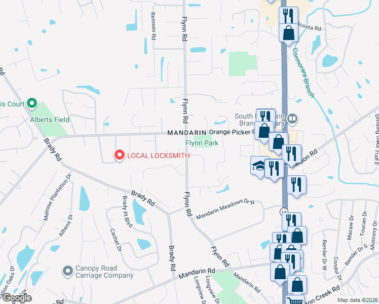 map of restaurants, bars, coffee shops, grocery stores, and more near 12235 Flynn Woods Road in Jacksonville
