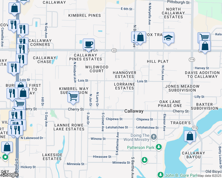 map of restaurants, bars, coffee shops, grocery stores, and more near 6512 Lois Street in Panama City