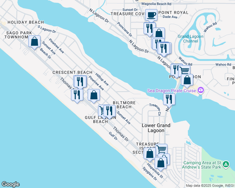 map of restaurants, bars, coffee shops, grocery stores, and more near 5701 Hilltop Avenue in Panama City Beach