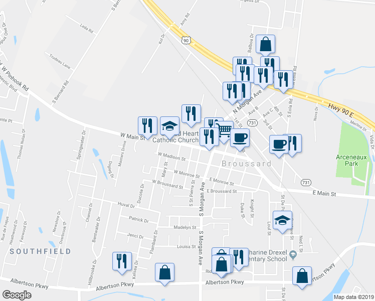 map of restaurants, bars, coffee shops, grocery stores, and more near 303 West Main Street in Broussard