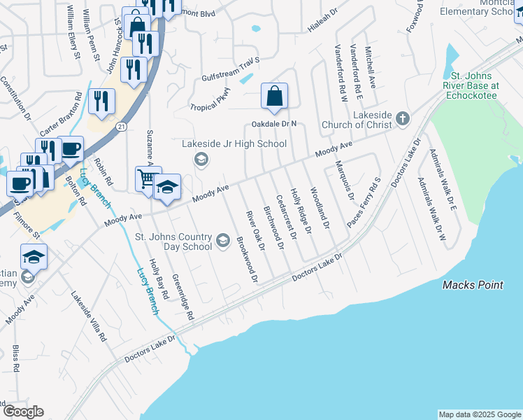 map of restaurants, bars, coffee shops, grocery stores, and more near 2758 Birchwood Drive in Orange Park