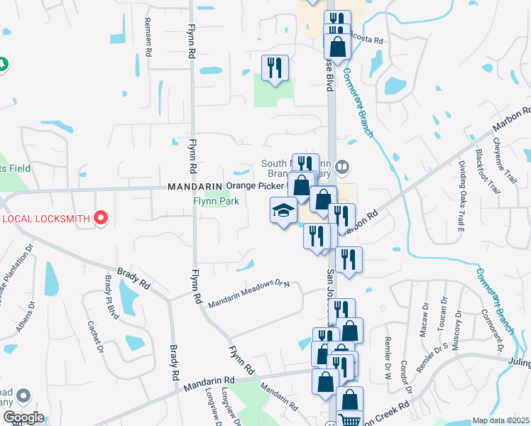 map of restaurants, bars, coffee shops, grocery stores, and more near 12258 Sutton Estates Circle West in Jacksonville