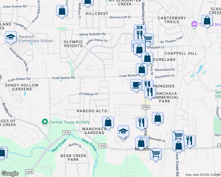map of restaurants, bars, coffee shops, grocery stores, and more near 11744 Menchaca Road in Austin