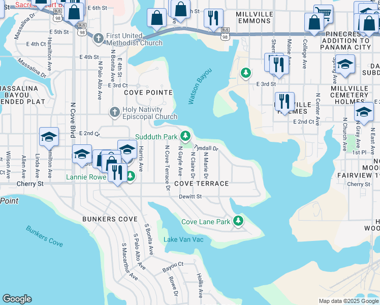 map of restaurants, bars, coffee shops, grocery stores, and more near 123 North Claire Drive in Panama City