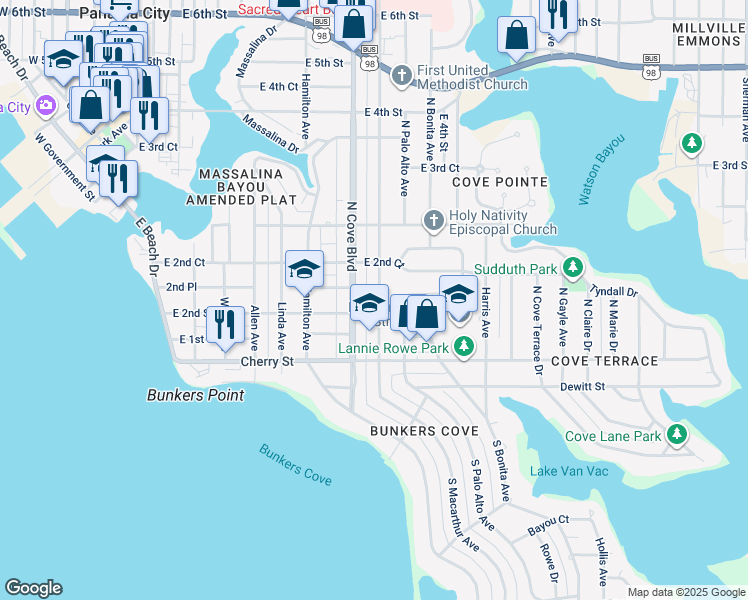 map of restaurants, bars, coffee shops, grocery stores, and more near 206 North Cove Boulevard in Panama City
