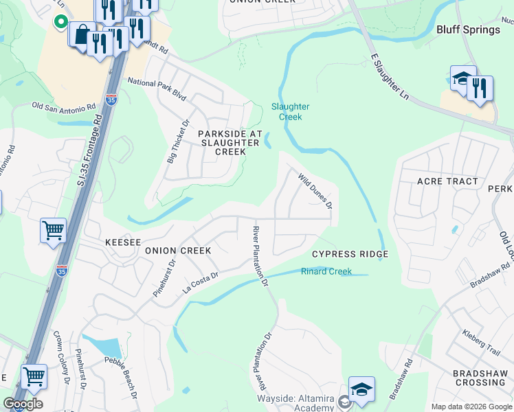 map of restaurants, bars, coffee shops, grocery stores, and more near 10210 Pinehurst Drive in Austin