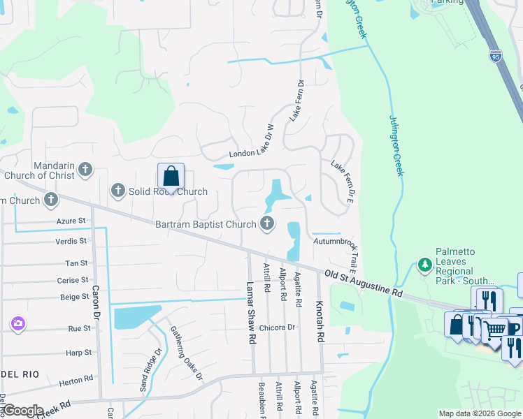 map of restaurants, bars, coffee shops, grocery stores, and more near 5440 Otters Run Lane in Jacksonville