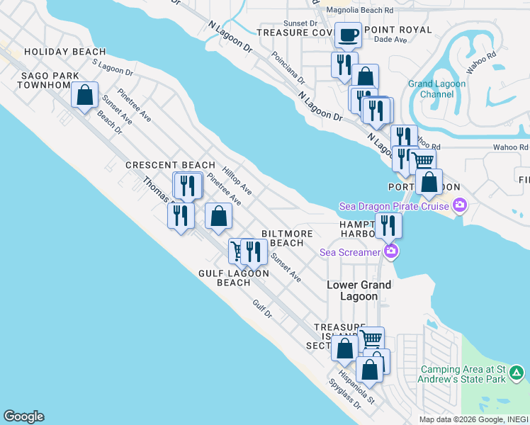map of restaurants, bars, coffee shops, grocery stores, and more near 5701 Hilltop Avenue in Panama City Beach