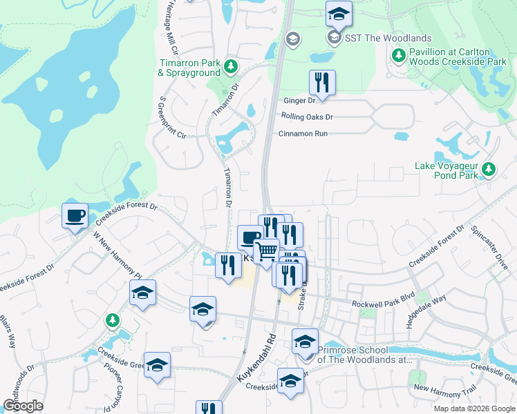 map of restaurants, bars, coffee shops, grocery stores, and more near 79 Blissful Ridge Court in Tomball