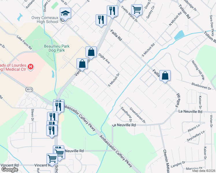 map of restaurants, bars, coffee shops, grocery stores, and more near 755 South Michot Drive in Lafayette