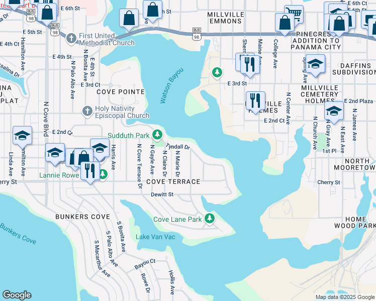 map of restaurants, bars, coffee shops, grocery stores, and more near 1706 Tyndall Drive in Panama City