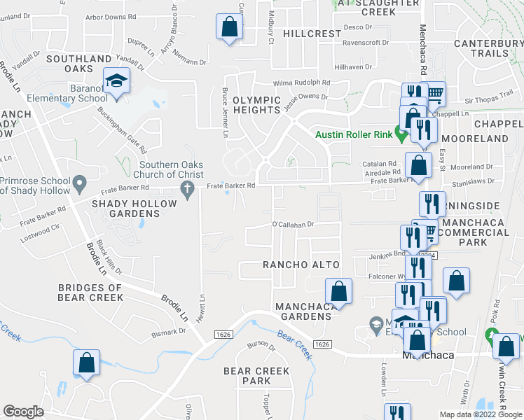 map of restaurants, bars, coffee shops, grocery stores, and more near 12006 Rancho Alto Road in Austin