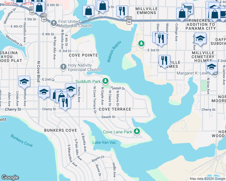 map of restaurants, bars, coffee shops, grocery stores, and more near 1603 Tyndall Drive in Panama City